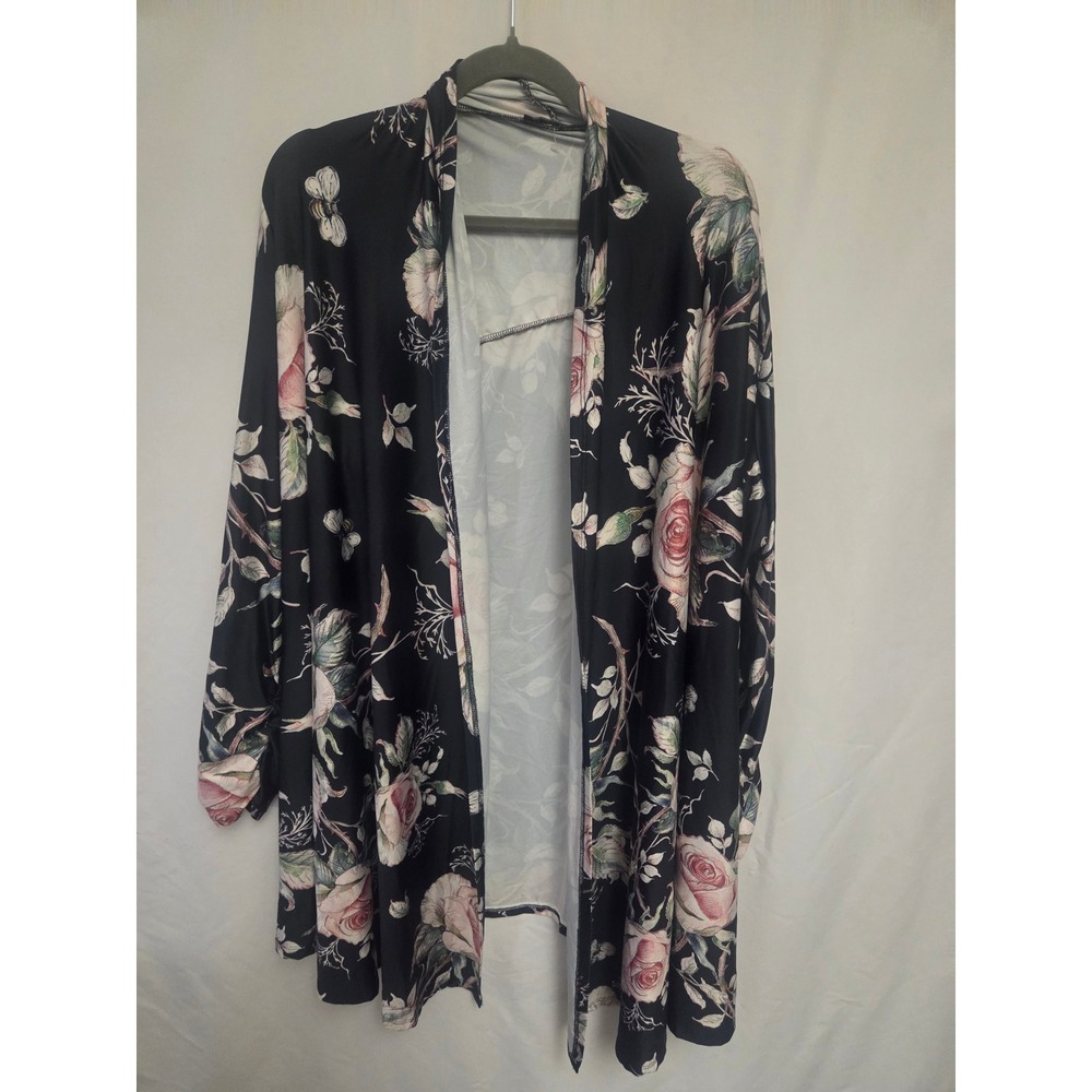 Lily by Firmiana Floral Rose Print Open Front Cardigan Black Pink 2XL Womens